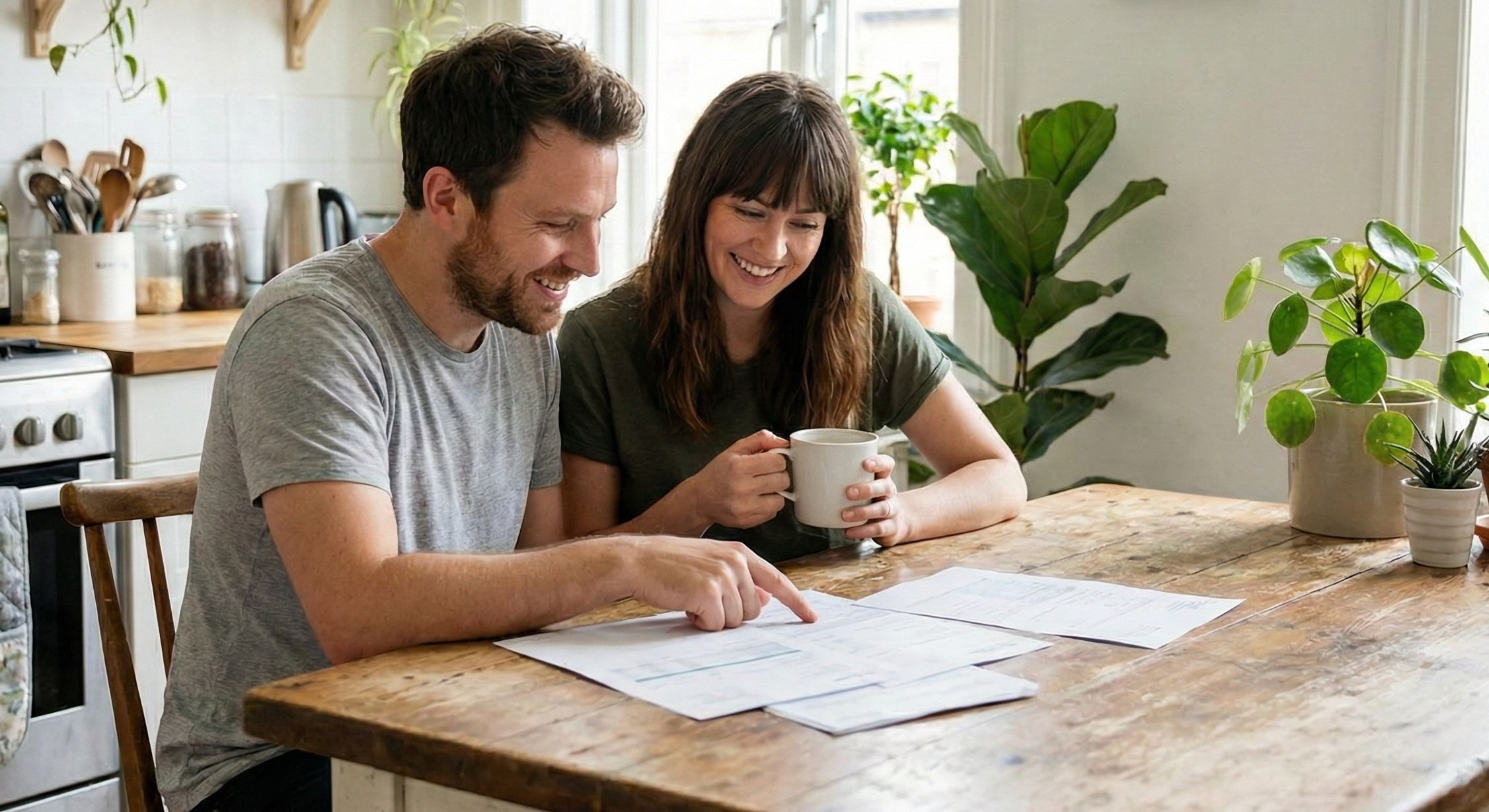 Young couple sitting at a rustic wooden kitchen table, smiling as they review financial documents together in a cozy, plant-filled kitchen. The man, wearing a gray t-shirt, is pointing at a paper on the table while the woman, in a dark green t-shirt, holds a white coffee mug and looks on with a smile. Natural light streams in through large windows, illuminating the indoor plants on the windowsill and table, creating a warm, relaxed atmosphere. Background elements include a stainless steel gas stove, wooden shelves with jars and utensils, and a kettle, emphasizing a comfortable home setting. Keywords: couple budgeting at home, financial planning, home kitchen workspace, reviewing bills, indoor plant decor, casual lifestyle.