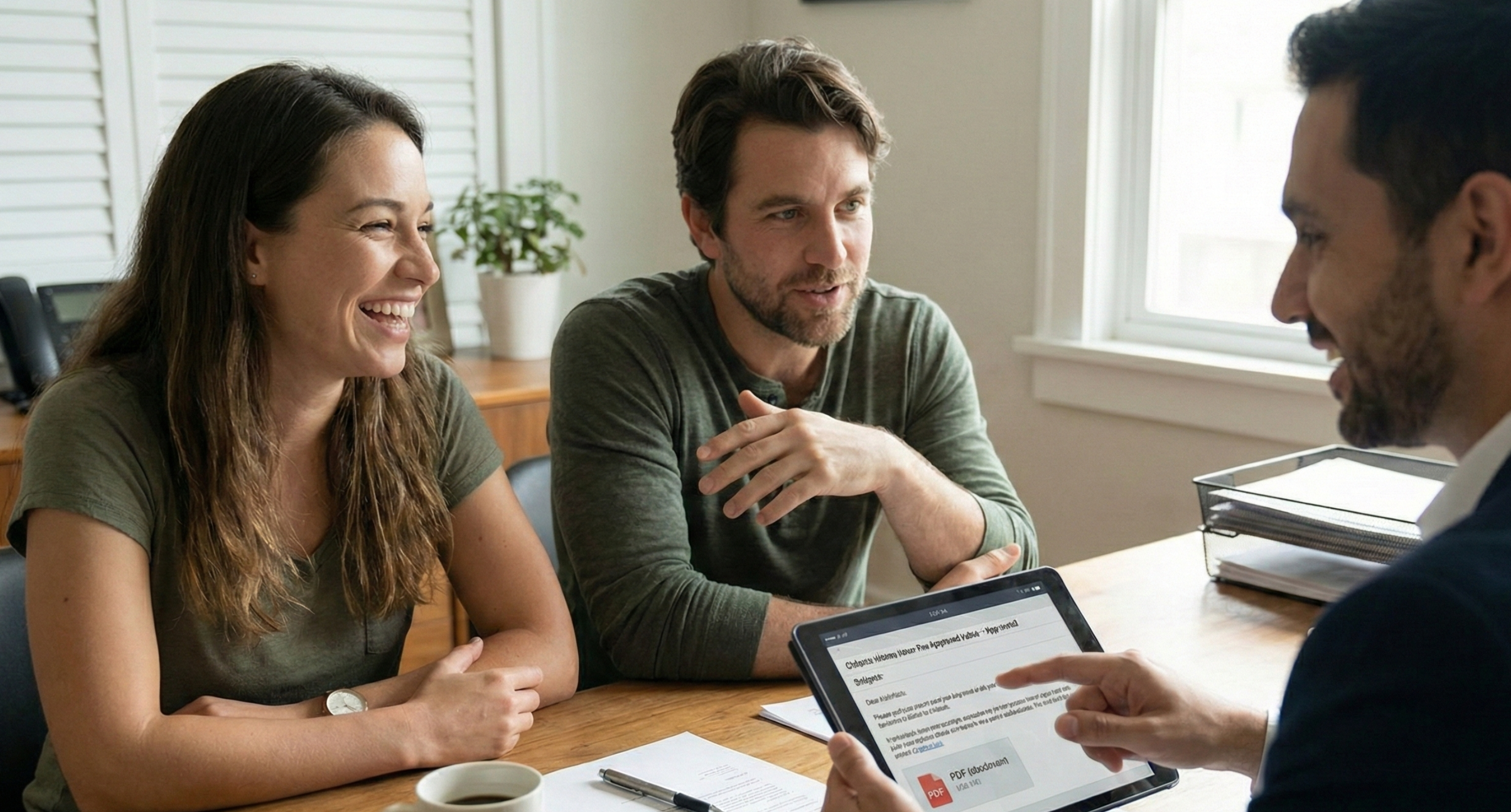 Smiling young couple meeting with a professional financial advisor in a well-lit office. The advisor, wearing a navy suit, is holding a tablet and showing the couple a digital document labeled "PDF (download)" on the screen. The couple, casually dressed in matching olive green tops, appears engaged and happy during the consultation. On the wooden desk are a white coffee mug, pen, and printed paperwork, suggesting a financial planning, mortgage, or investment discussion. Bright natural light enters through the window, creating a professional yet relaxed atmosphere. Keywords: financial advisor meeting, couple consultation, digital document review, personal finance planning, investment advice.